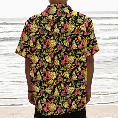 Red And Yellow Flowers Print Textured Short Sleeve Shirt