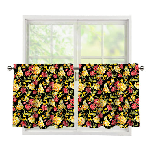 Red And Yellow Flowers Print Tier Curtains