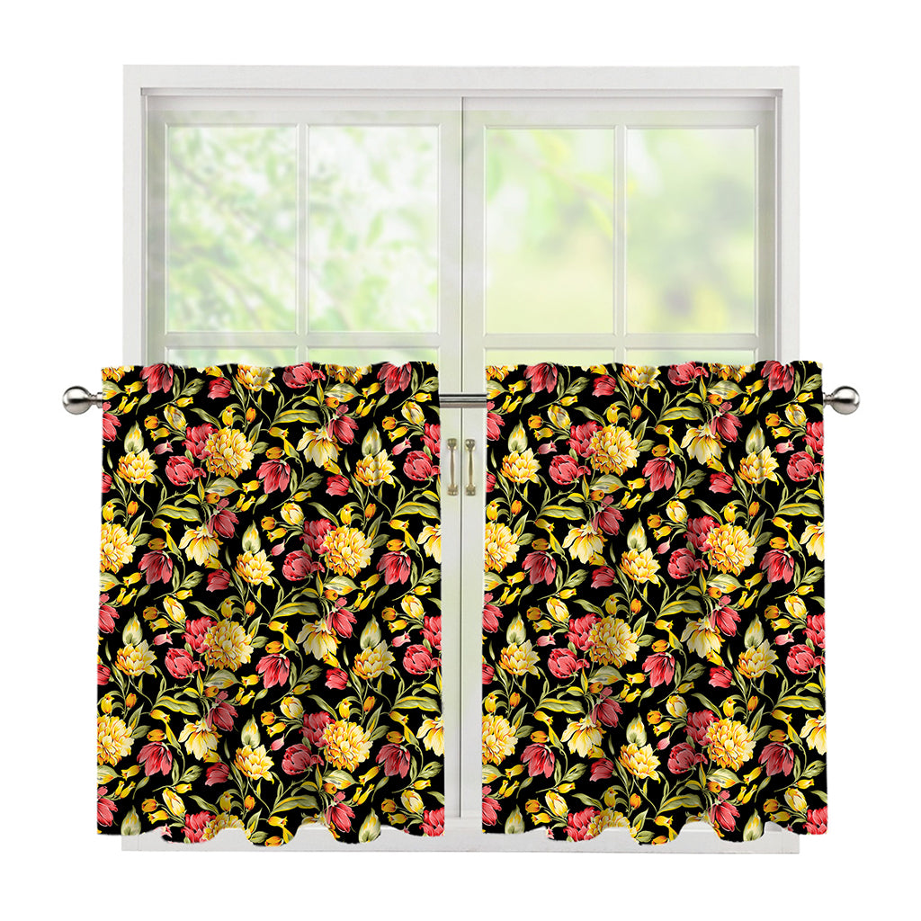 Red And Yellow Flowers Print Tier Curtains