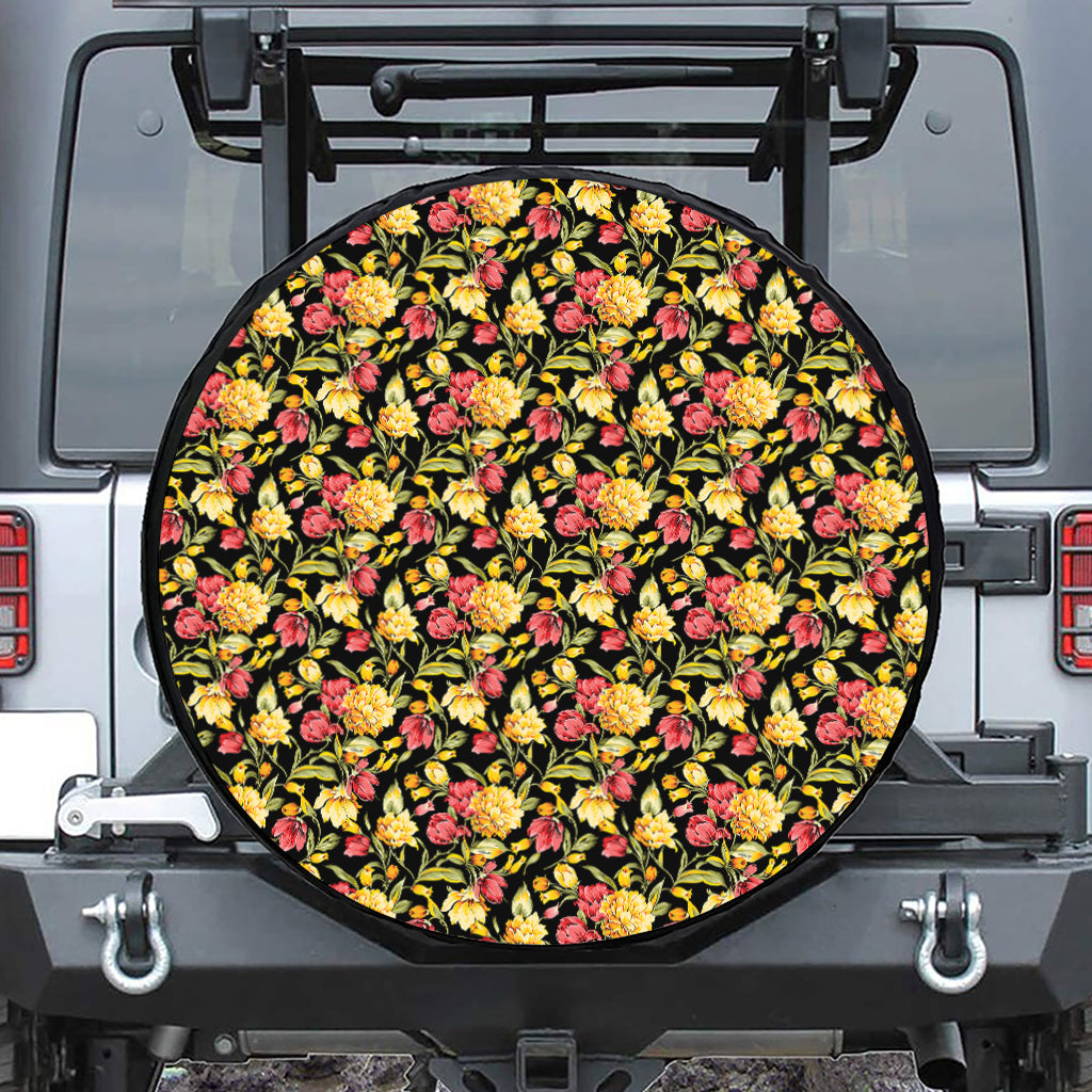 Red And Yellow Flowers Print Tire Cover