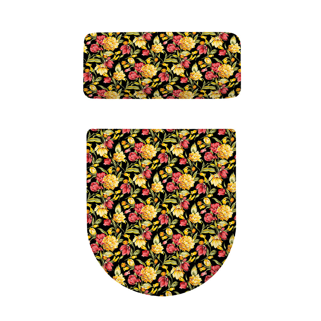 Red And Yellow Flowers Print Toilet Lid And Tank Cover Set