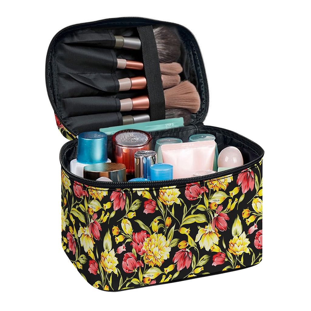 Red And Yellow Flowers Print Travel Makeup Bag