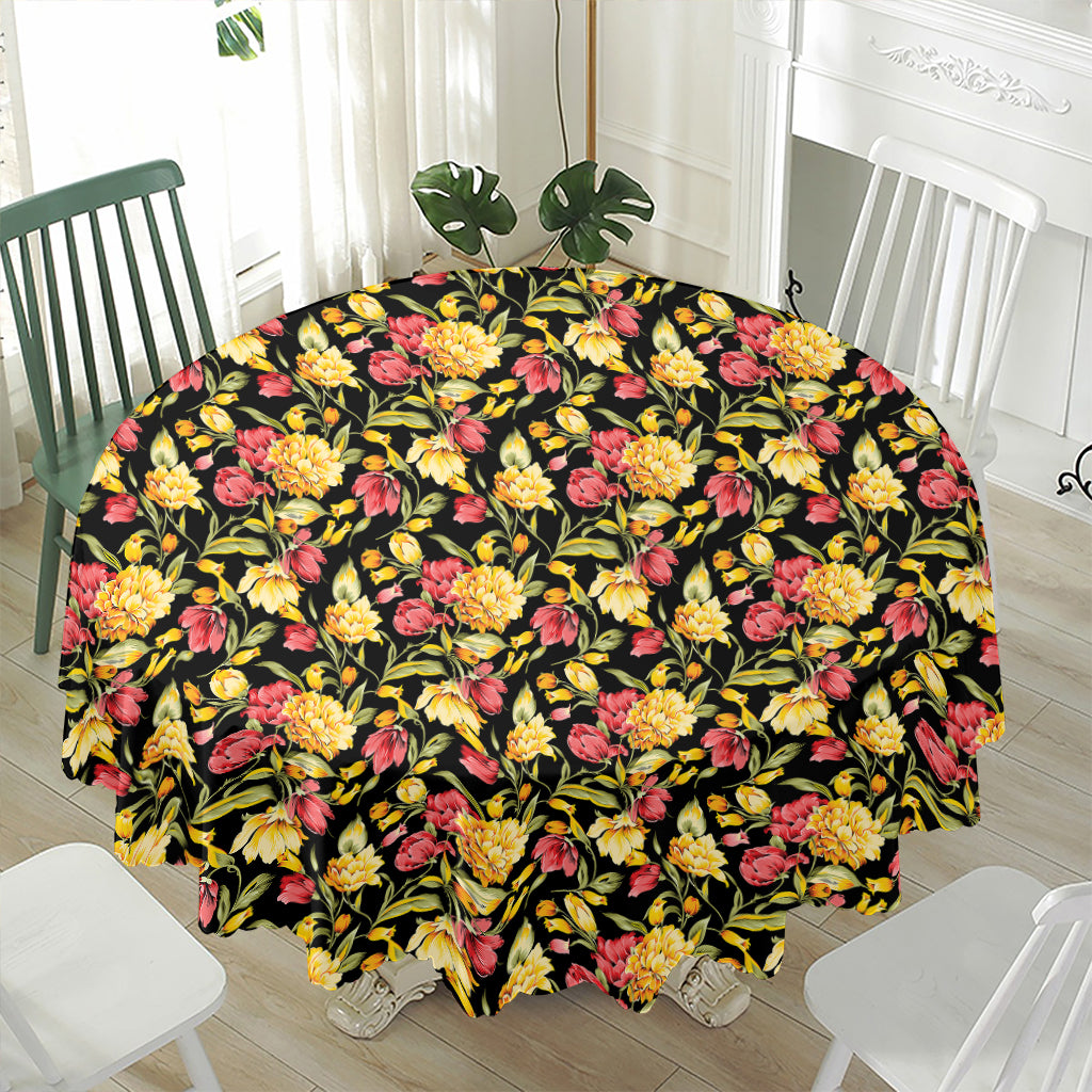 Red And Yellow Flowers Print Waterproof Round Tablecloth