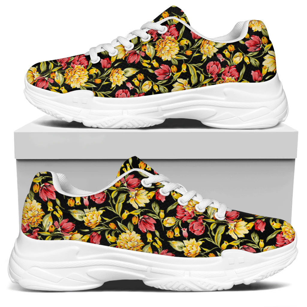 Red And Yellow Flowers Print White Chunky Shoes
