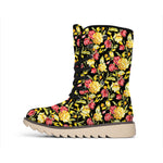 Red And Yellow Flowers Print Winter Boots