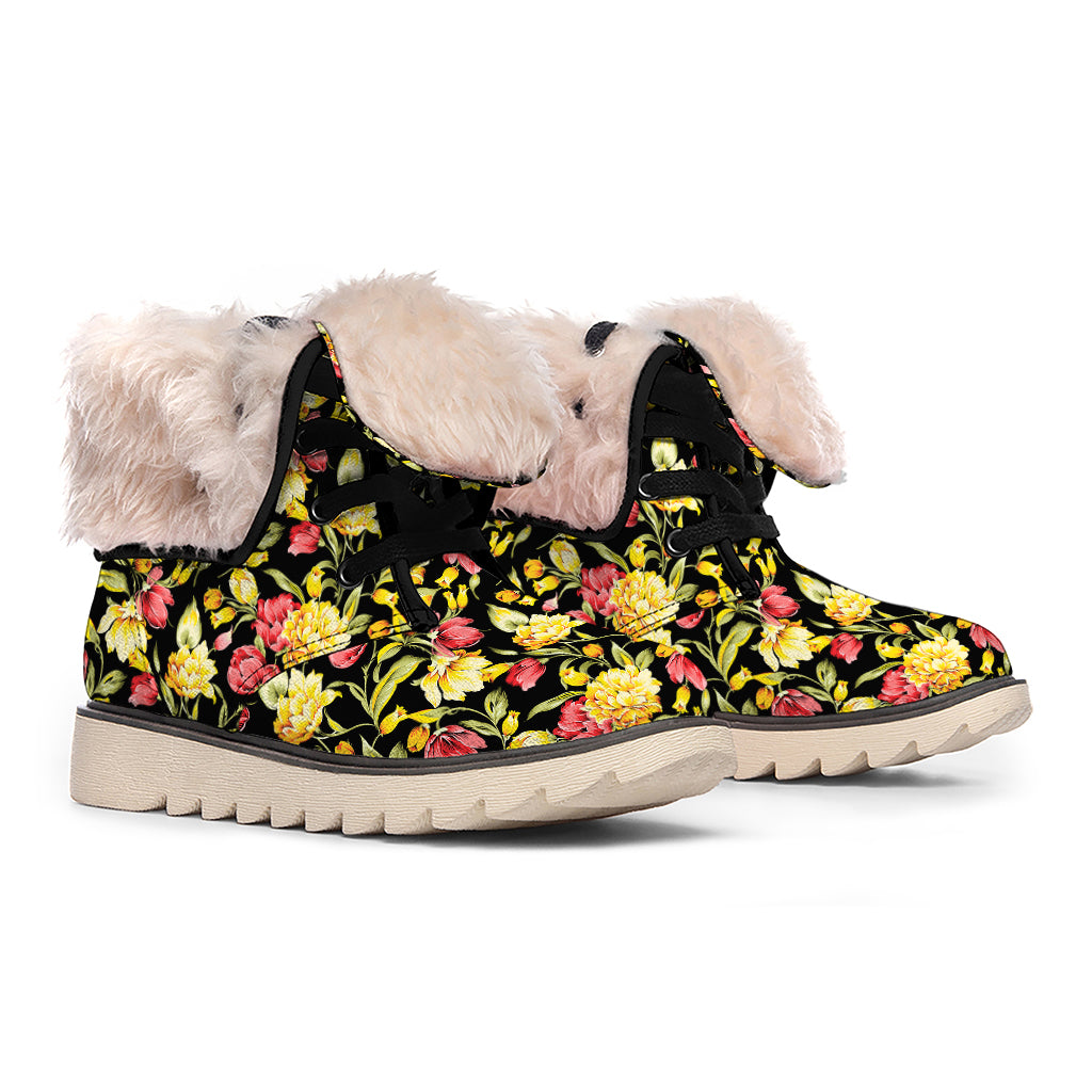 Red And Yellow Flowers Print Winter Boots