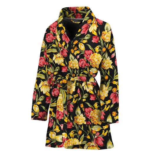 Red And Yellow Flowers Print Women's Bathrobe