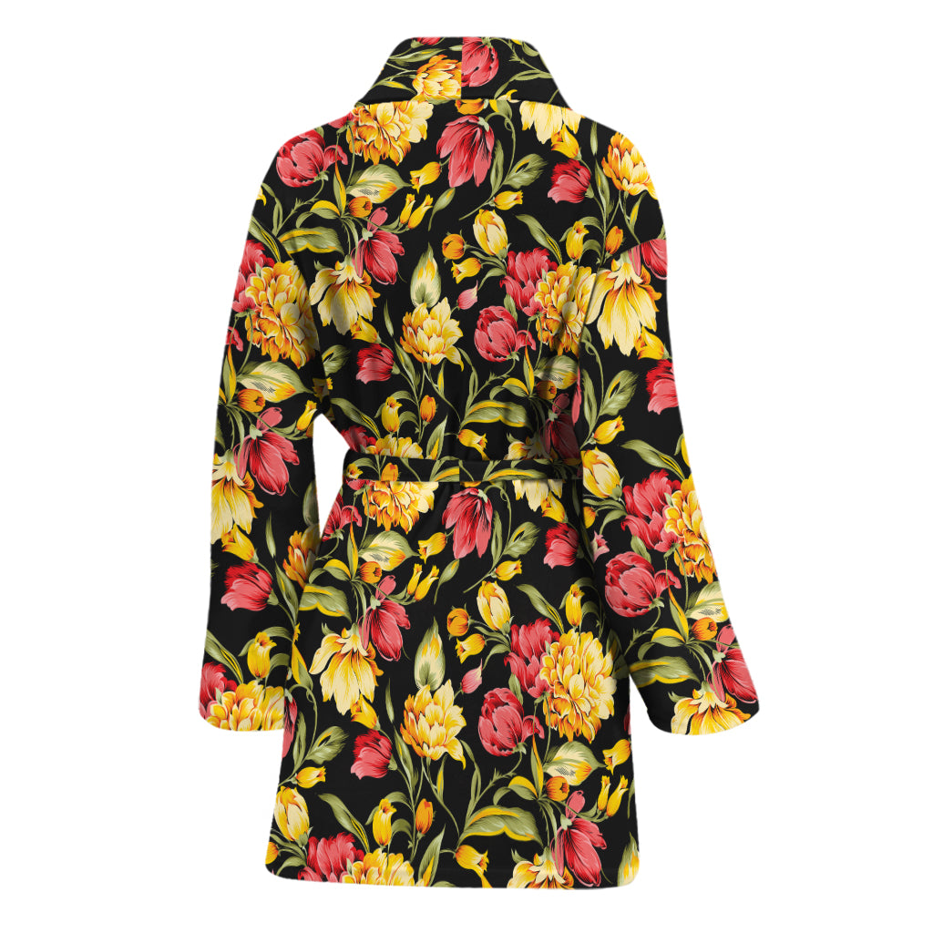 Red And Yellow Flowers Print Women's Bathrobe