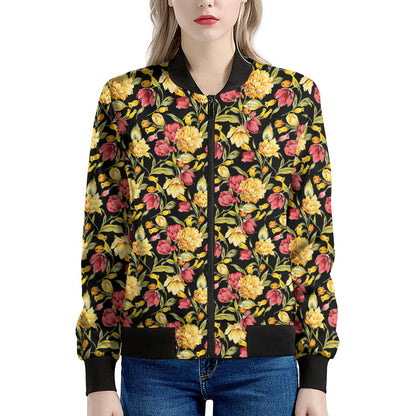 Red And Yellow Flowers Print Women's Bomber Jacket
