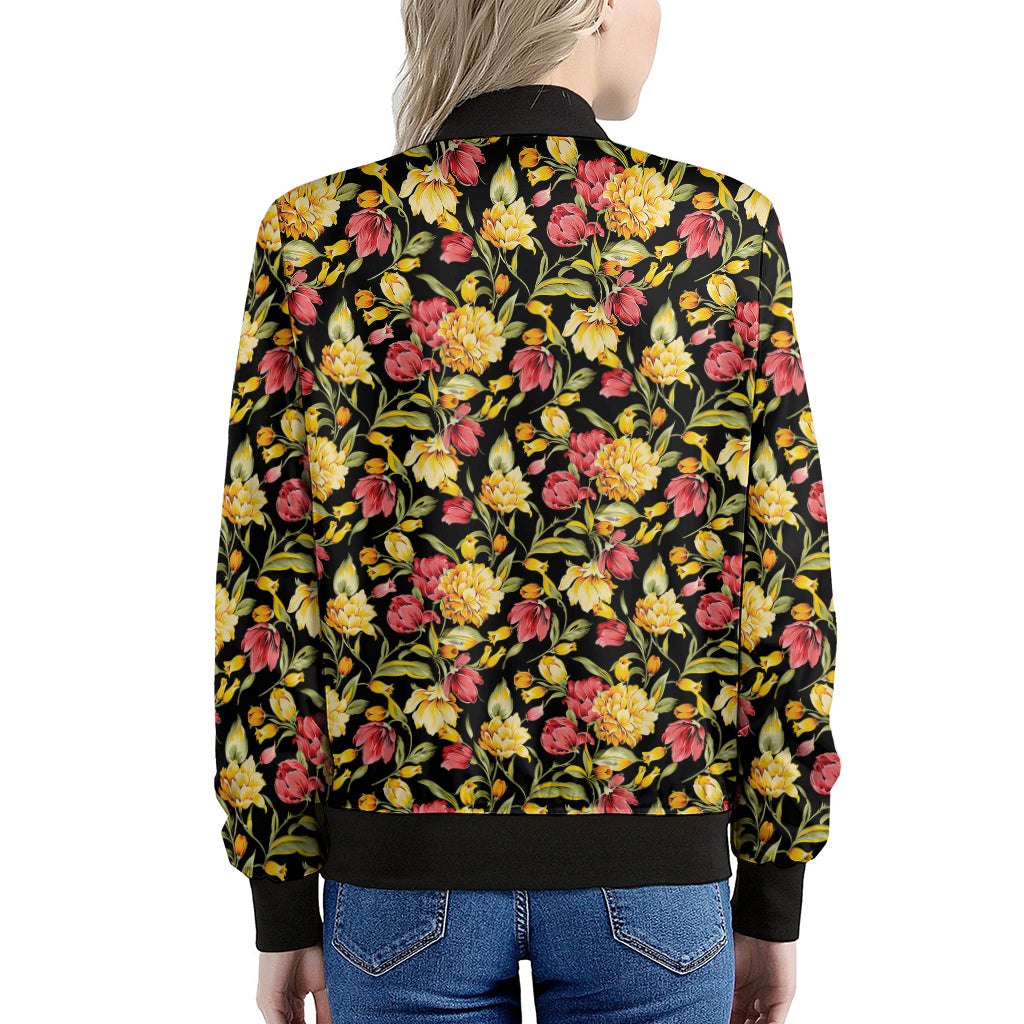 Red And Yellow Flowers Print Women's Bomber Jacket