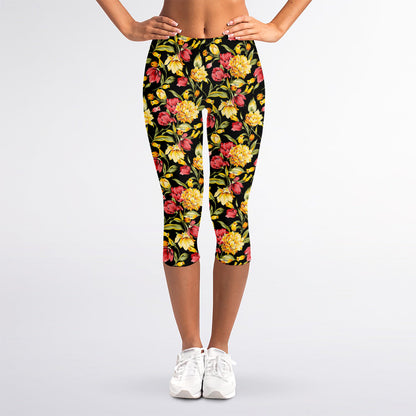 Red And Yellow Flowers Print Women's Capri Leggings
