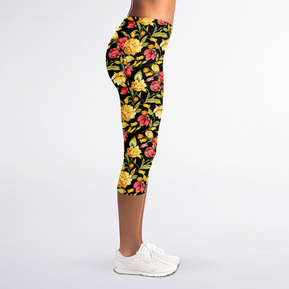 Red And Yellow Flowers Print Women's Capri Leggings