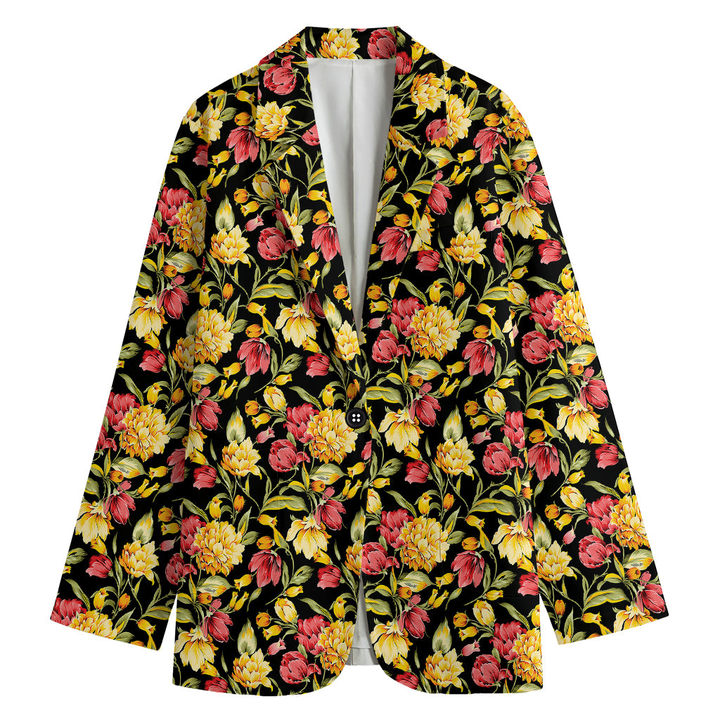 Red And Yellow Flowers Print Women's Cotton Blazer
