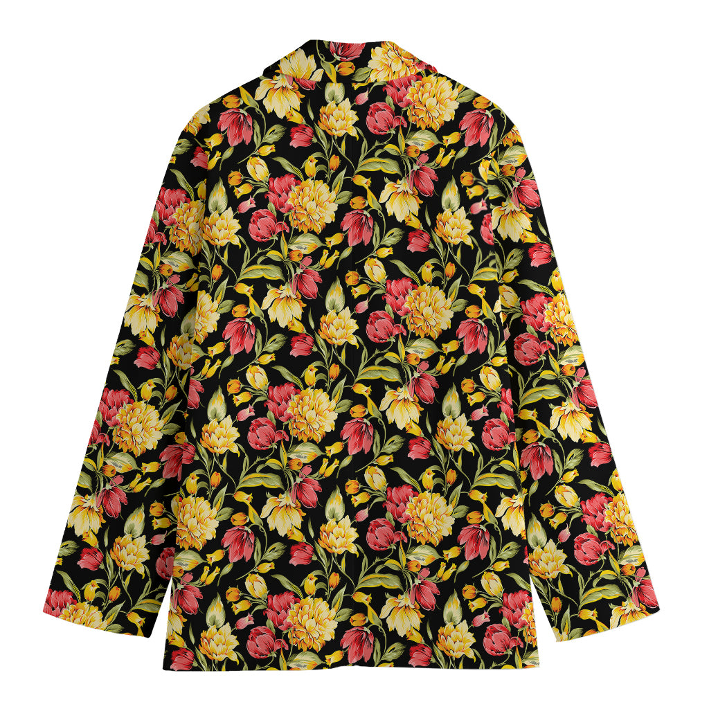Red And Yellow Flowers Print Women's Cotton Blazer