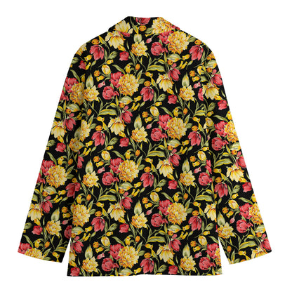 Red And Yellow Flowers Print Women's Cotton Blazer