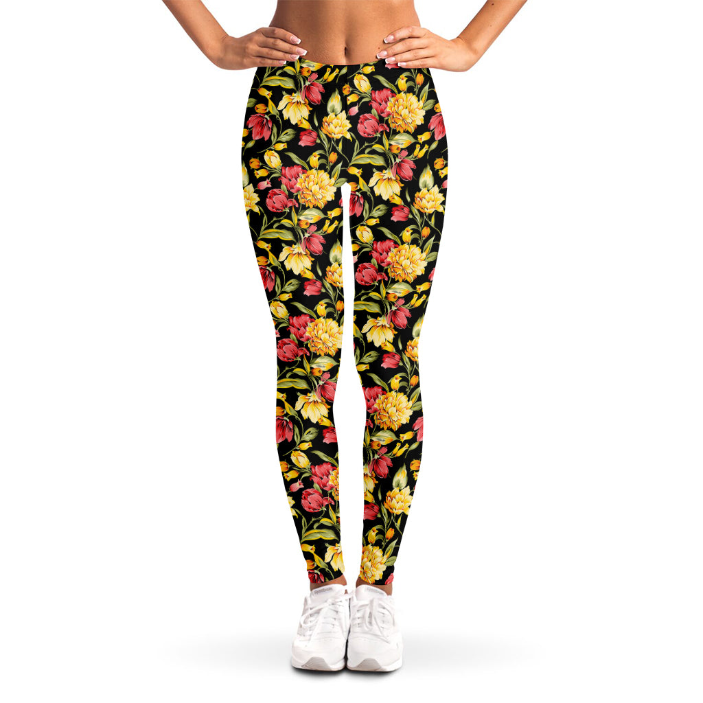 Red And Yellow Flowers Print Women's Leggings