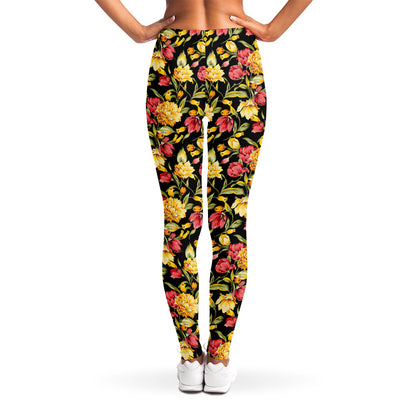 Red And Yellow Flowers Print Women's Leggings