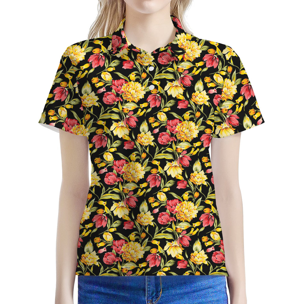 Red And Yellow Flowers Print Women's Polo Shirt