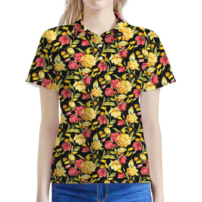Red And Yellow Flowers Print Women's Polo Shirt