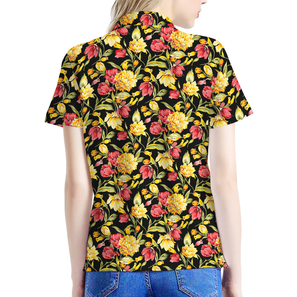 Red And Yellow Flowers Print Women's Polo Shirt