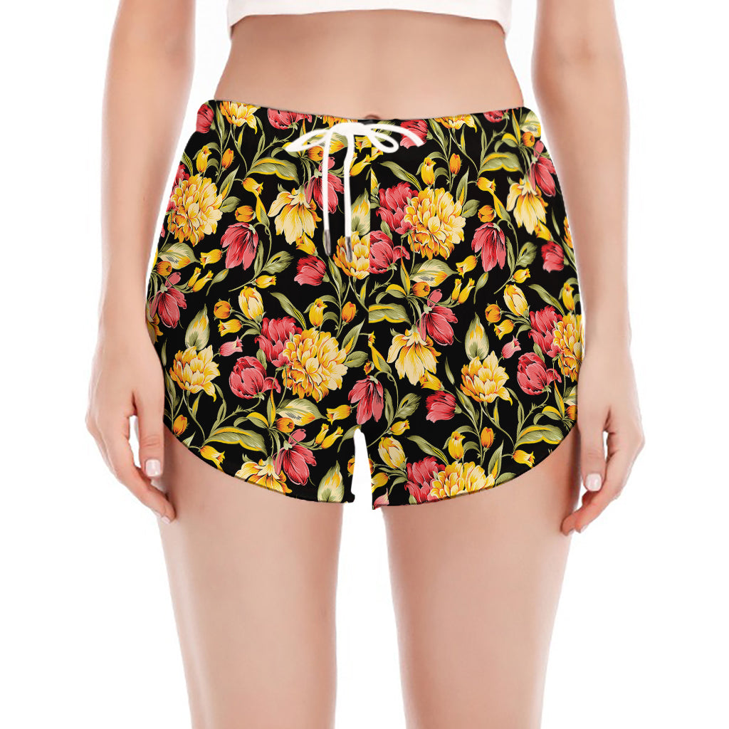 Red And Yellow Flowers Print Women's Split Running Shorts