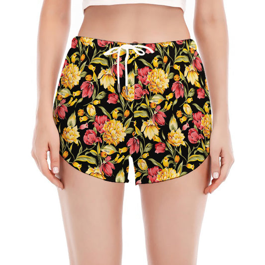 Red And Yellow Flowers Print Women's Split Running Shorts
