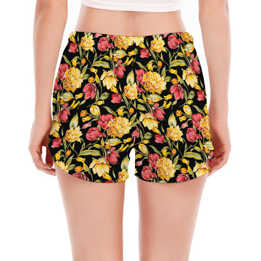 Red And Yellow Flowers Print Women's Split Running Shorts