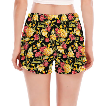 Red And Yellow Flowers Print Women's Split Running Shorts