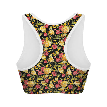 Red And Yellow Flowers Print Women's Sports Bra