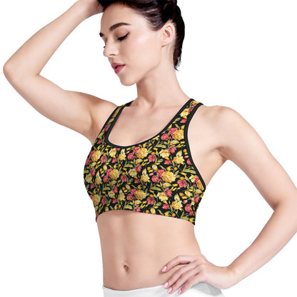 Red And Yellow Flowers Print Women's Sports Bra