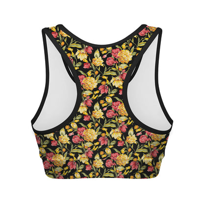 Red And Yellow Flowers Print Women's Sports Bra