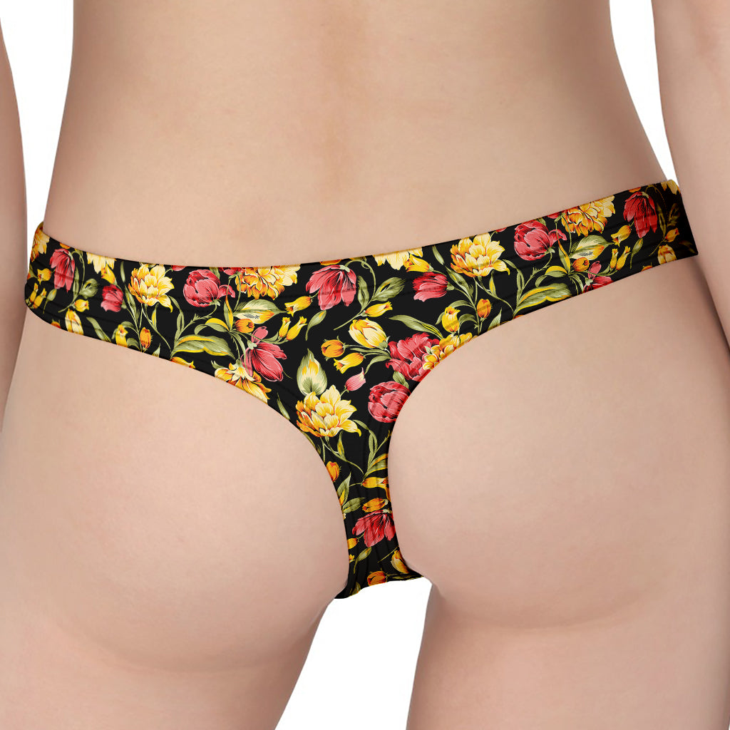 Red And Yellow Flowers Print Women's Thong