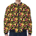 Red And Yellow Flowers Print Zip Sleeve Bomber Jacket