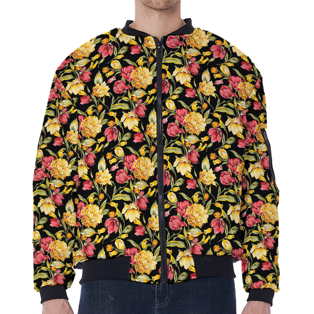 Red And Yellow Flowers Print Zip Sleeve Bomber Jacket