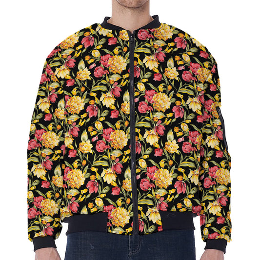 Red And Yellow Flowers Print Zip Sleeve Bomber Jacket