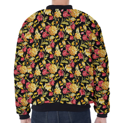 Red And Yellow Flowers Print Zip Sleeve Bomber Jacket