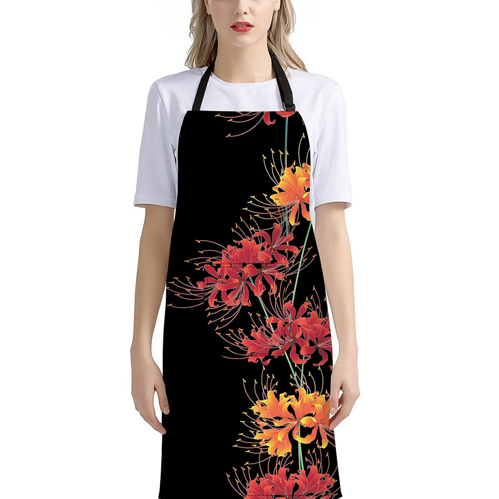Red And Yellow Japanese Amaryllis Print Bib Apron With Pocket