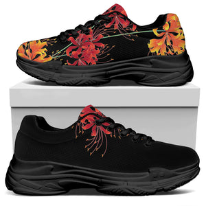 Red And Yellow Japanese Amaryllis Print Black Chunky Shoes