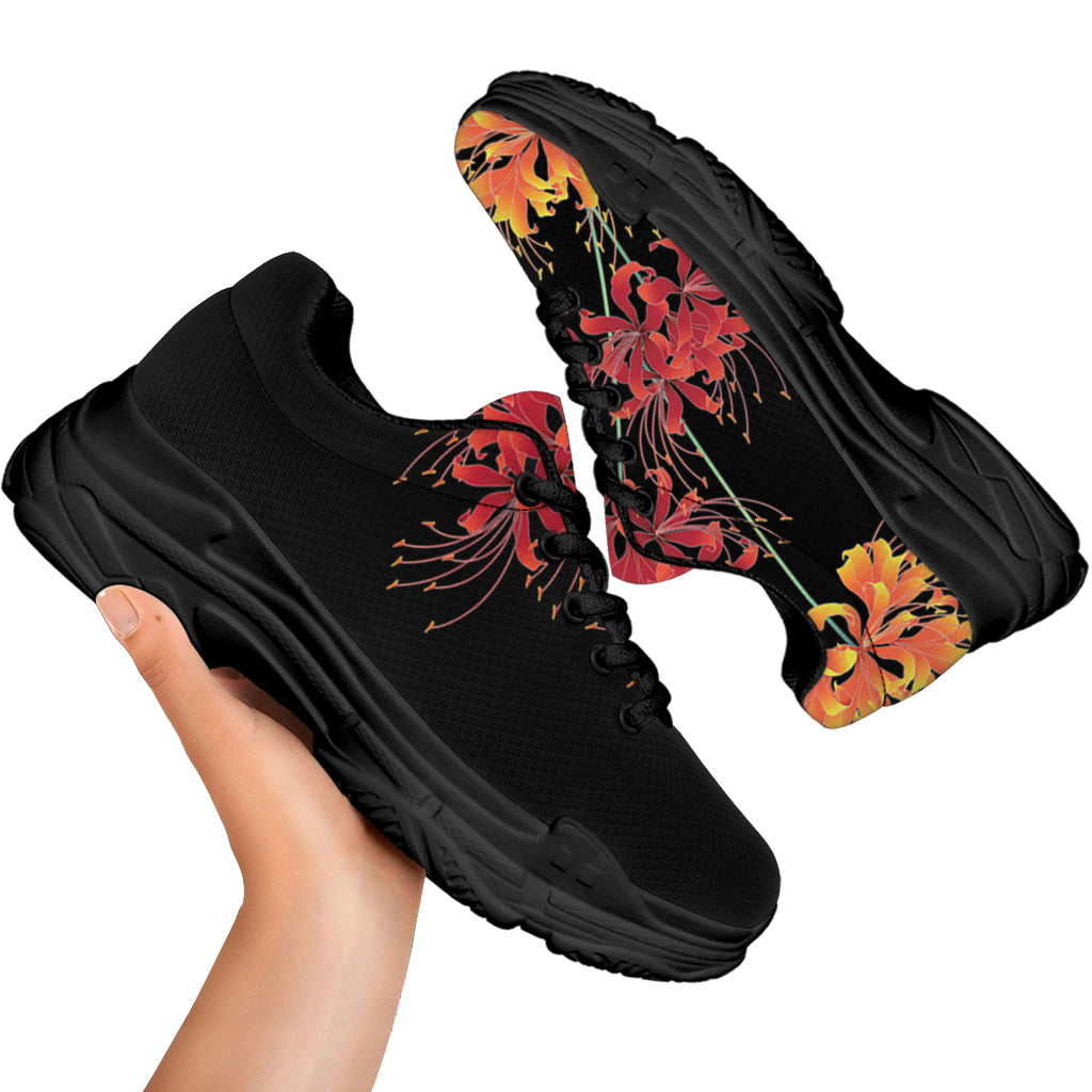 Red And Yellow Japanese Amaryllis Print Black Chunky Shoes