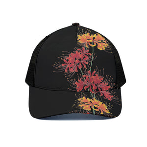 Red And Yellow Japanese Amaryllis Print Black Mesh Trucker Cap