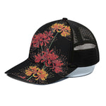 Red And Yellow Japanese Amaryllis Print Black Mesh Trucker Cap