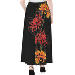 Red And Yellow Japanese Amaryllis Print Chiffon Maxi Skirt