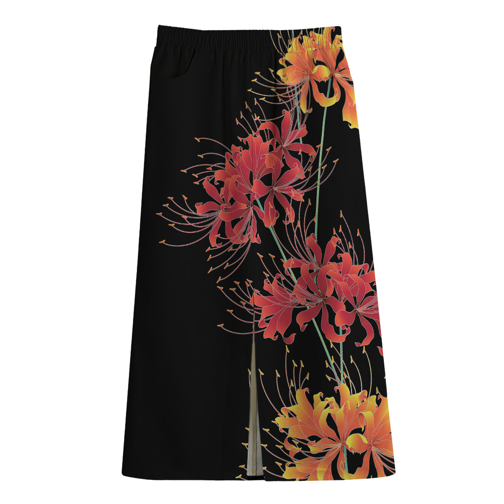 Red And Yellow Japanese Amaryllis Print Cotton Front Slit Maxi Skirt