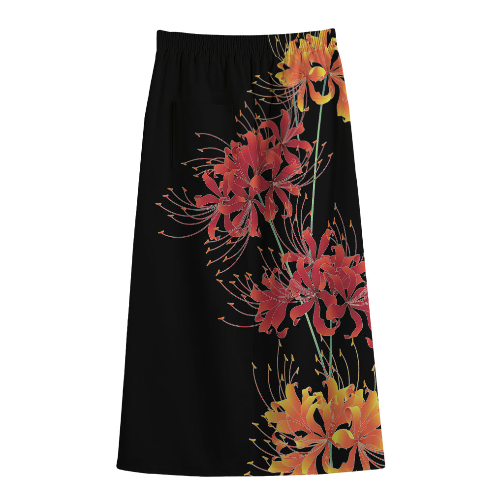 Red And Yellow Japanese Amaryllis Print Cotton Front Slit Maxi Skirt