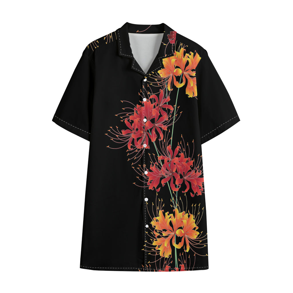 Red And Yellow Japanese Amaryllis Print Cotton Hawaiian Shirt