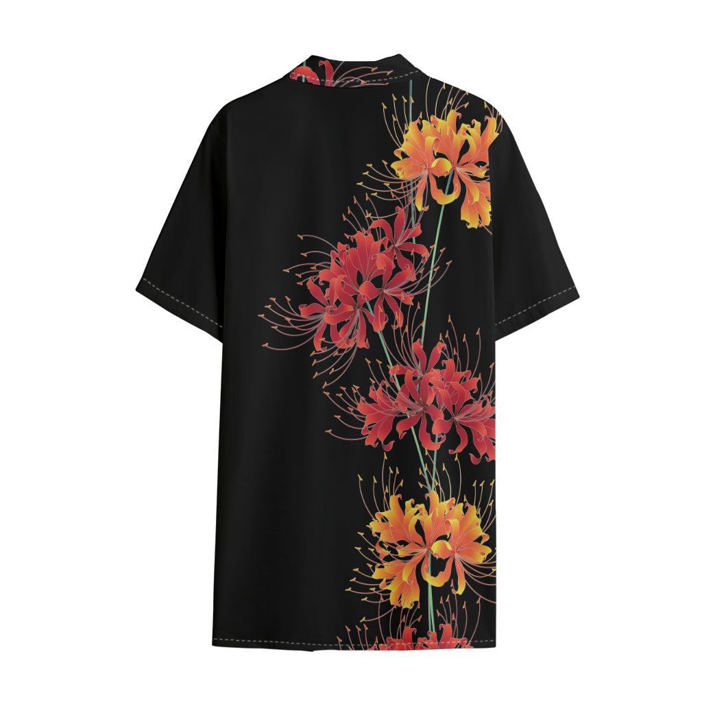 Red And Yellow Japanese Amaryllis Print Cotton Hawaiian Shirt