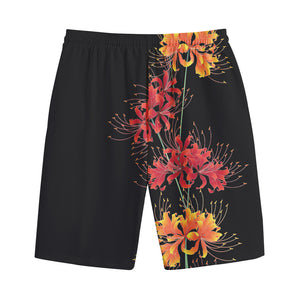 Red And Yellow Japanese Amaryllis Print Cotton Shorts