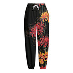 Red And Yellow Japanese Amaryllis Print Fleece Lined Knit Pants