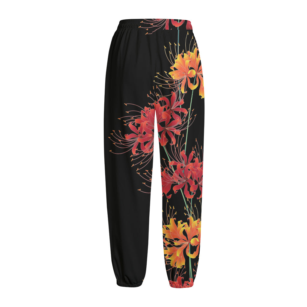 Red And Yellow Japanese Amaryllis Print Fleece Lined Knit Pants