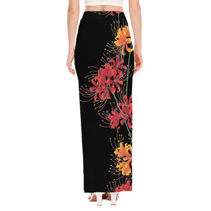 Red And Yellow Japanese Amaryllis Print High Slit Maxi Skirt